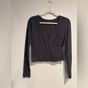 Aerie Charcoal Grey/black Waffle Knit Long Sleeve Wrap Top - Size Small